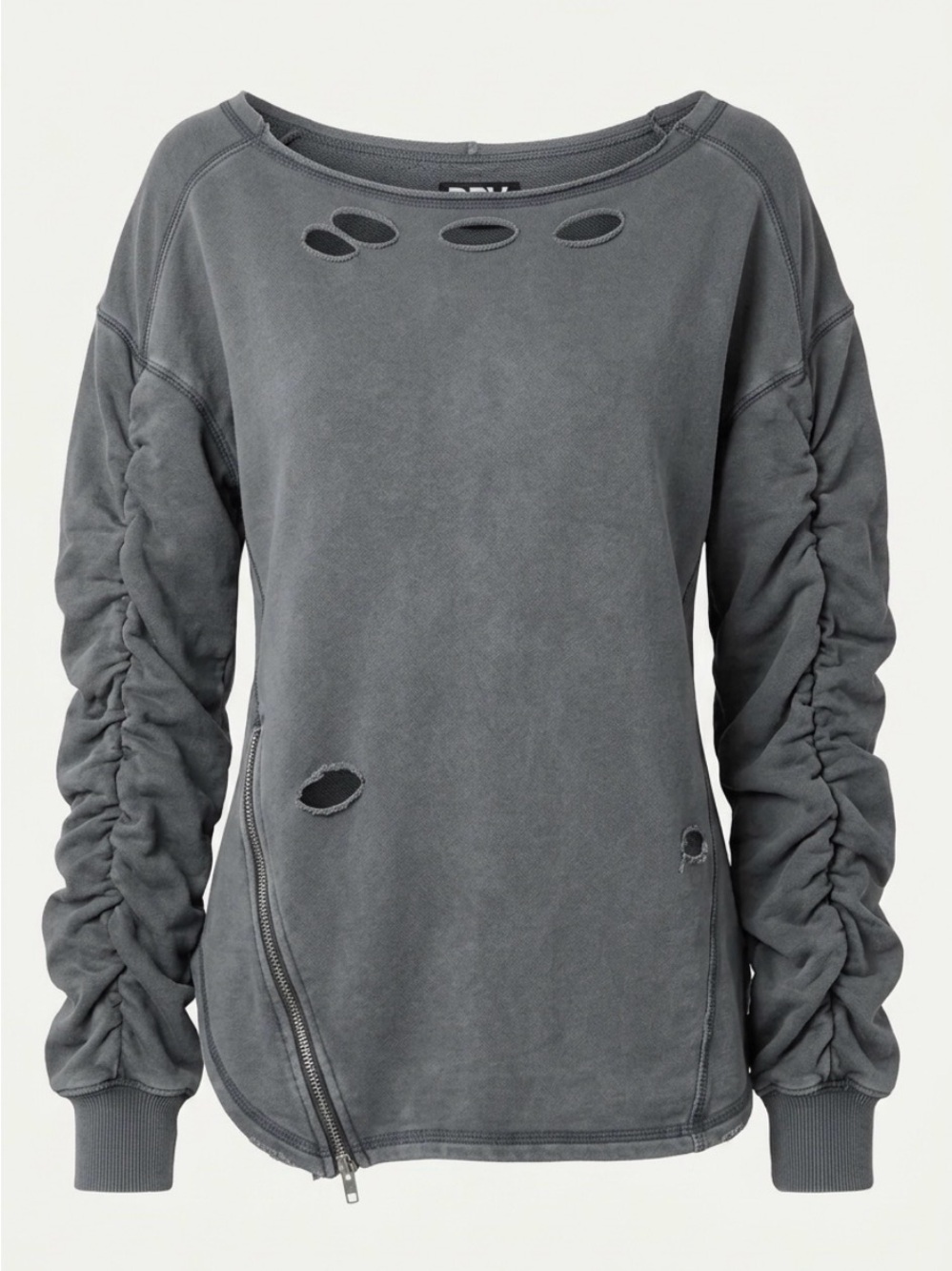 Pebby Forevee Washed Charcoal Distressed Ruched Sleeve Sweatshirt w/Side Zipper